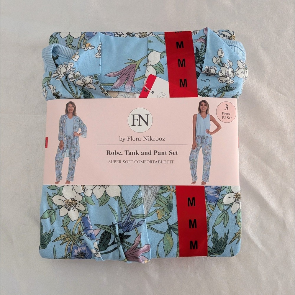 New Flora Nikrooz Women's 3-piece Pajama Robe Set Blue Floral Medium (8-10)